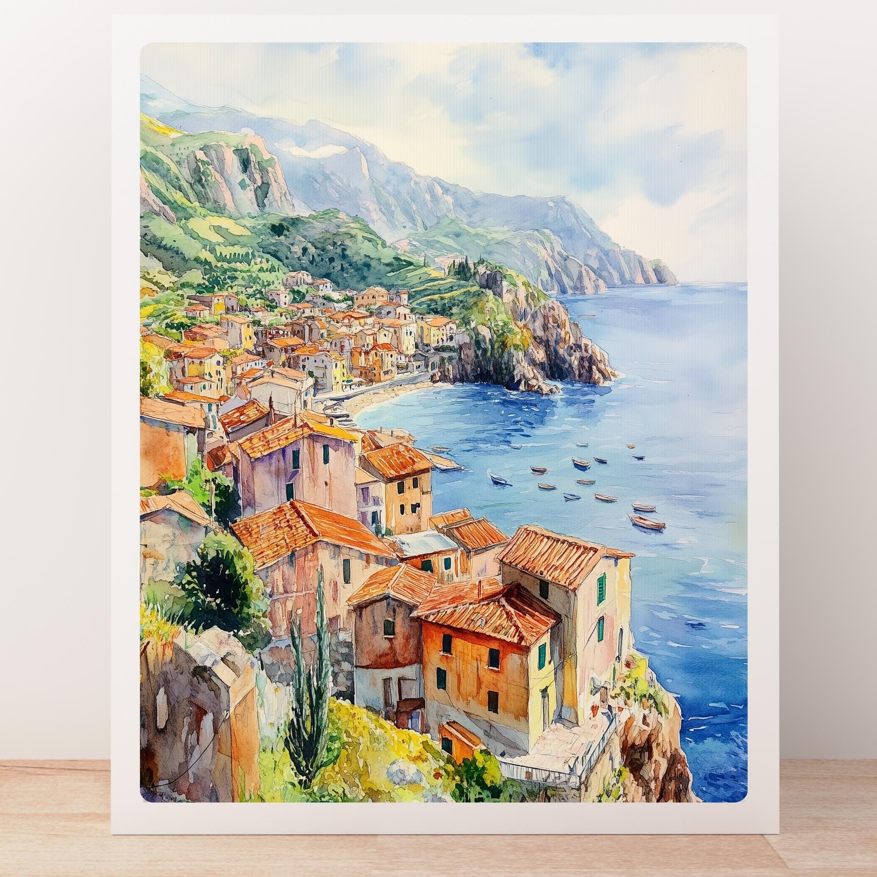 イタリア沿岸の村の水彩画アートプリント：地中海の海景 - Etsy 日本