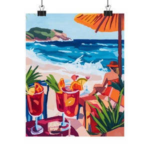 Żywe portugalskie malarstwo plażowe | Sangria Cocktails Gouache Art | Europejski wystrój nadmorski | Wydruk z wakacji letnich | Prezent na ścianę do baru