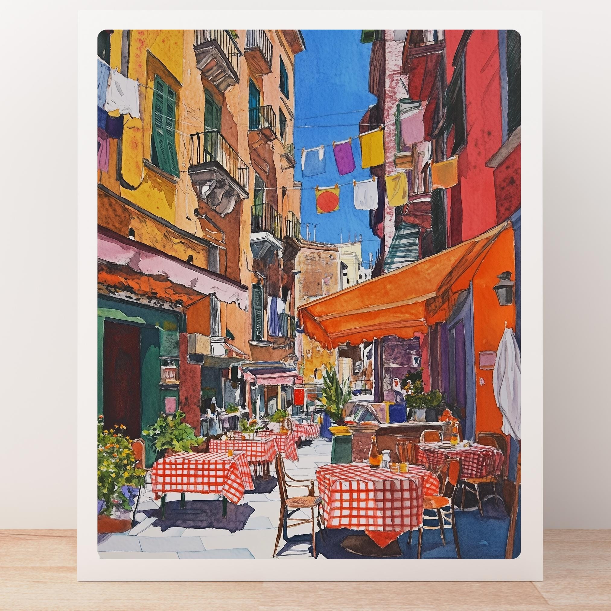 Naples Trattoria Art Print: Colorful Italian Alley Gouache