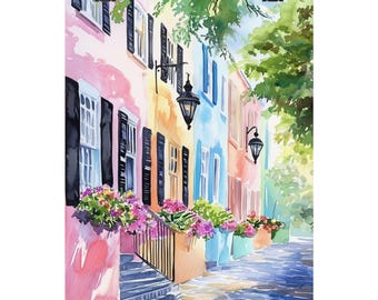 Rainbow Row Charleston Watercolor Art Print: Southern Architecture