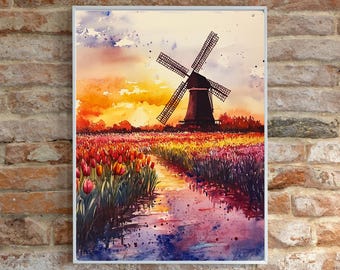 オランダの風車の水彩画：チューリップ畑の夕焼け風景 - Etsy 日本