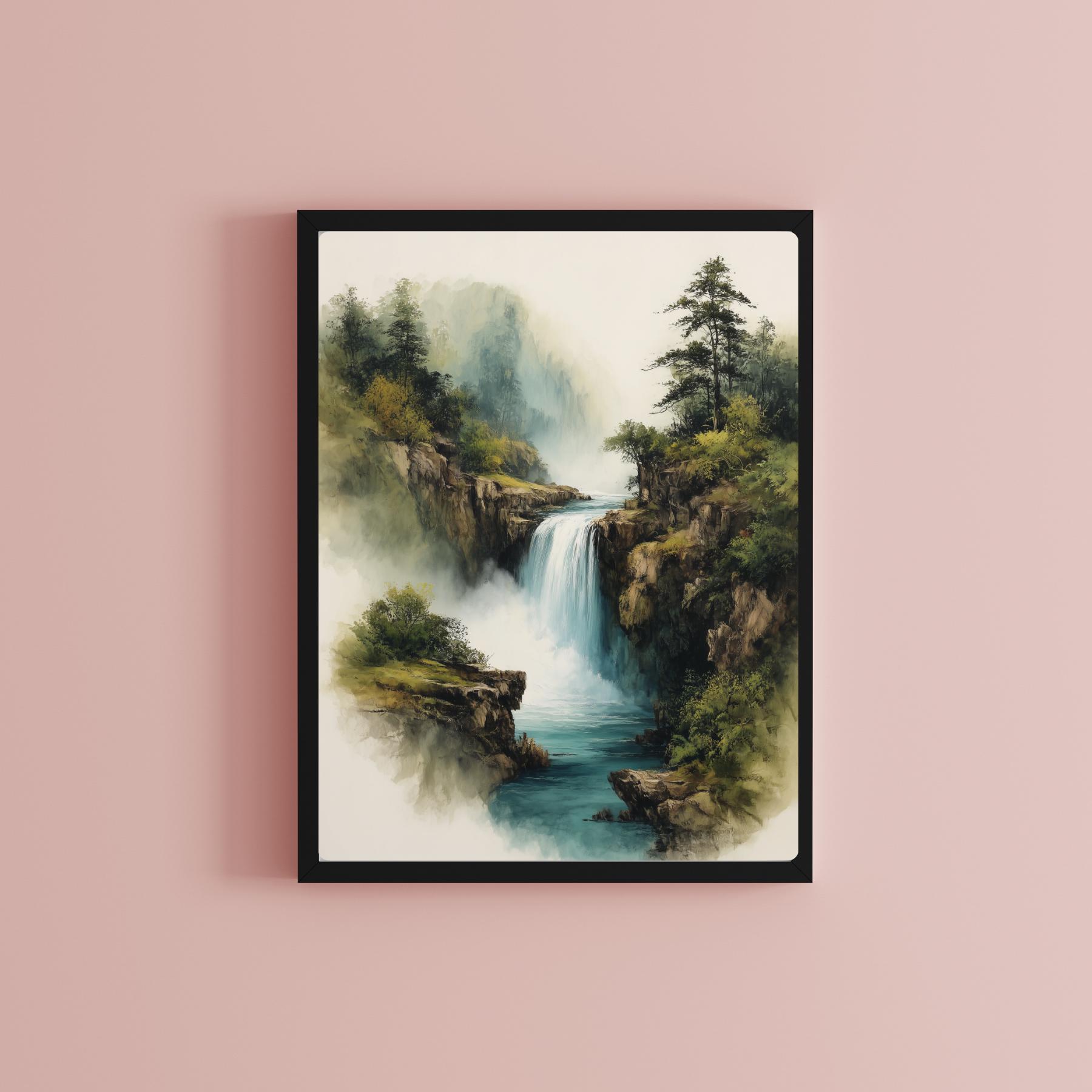 山と滝の版画：中国水墨画風景画 - Etsy 日本