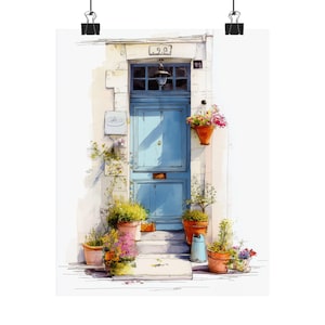 May include: A watercolor painting of a blue door with a white frame and a white door knob. The door is surrounded by potted plants and flowers. The door has a number "99" above it and a number "6" to the right of it.