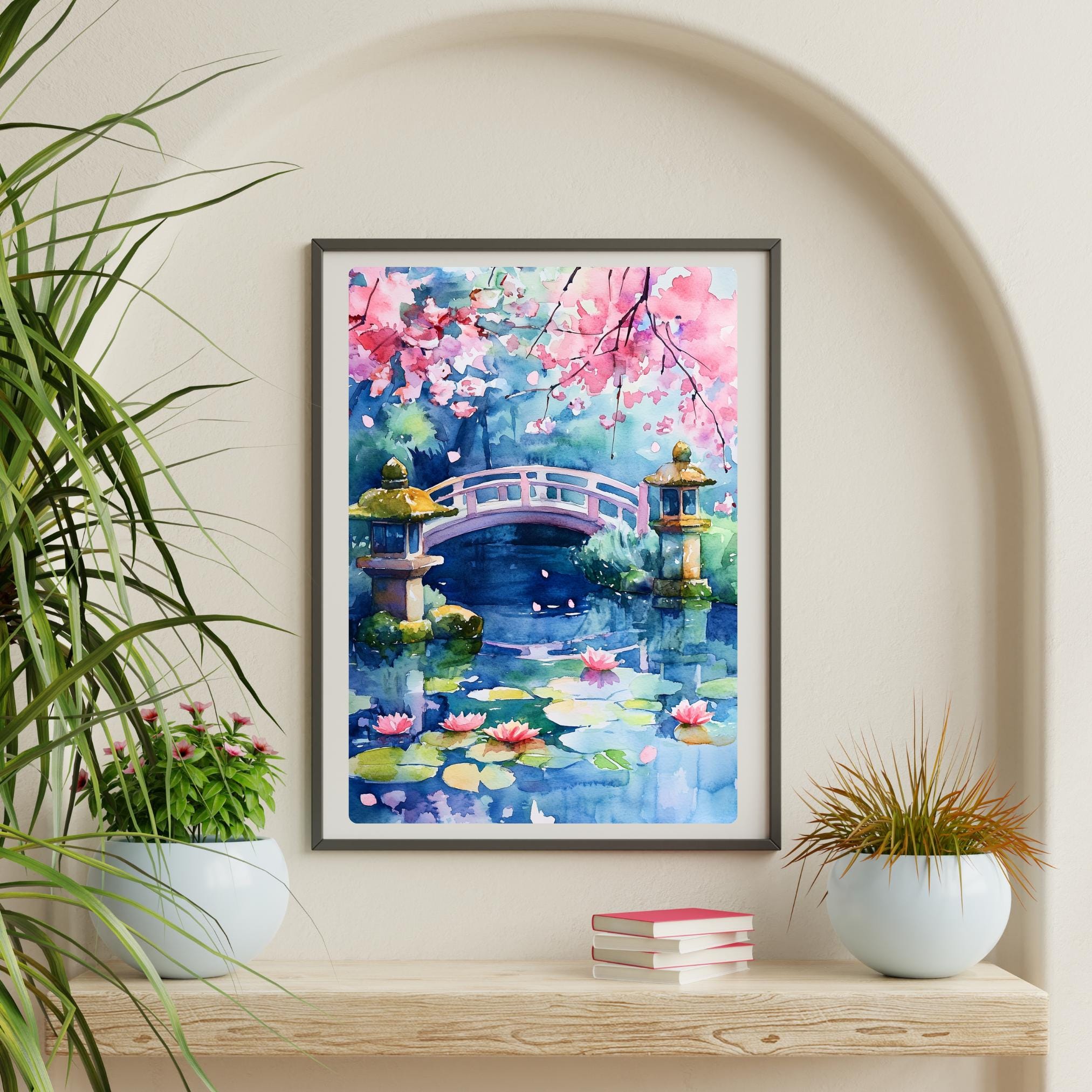日本庭園の水彩画：桜、禅橋、鯉の池 - Etsy 日本