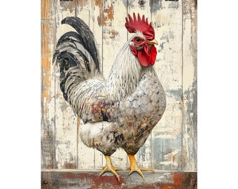 Rustic Rooster Art Print: Vintage Farmhouse Chicken Portrait