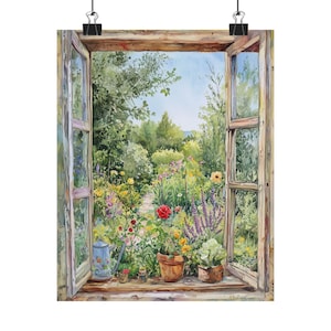 Cottage Garden Window View Art Print: Floral Window Landscape Painting, Botanical Decor
