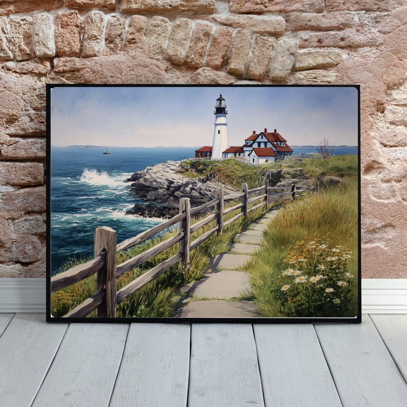 Maine Lighthouse Art Print: Portland Head Light Watercolor, Coastal ...