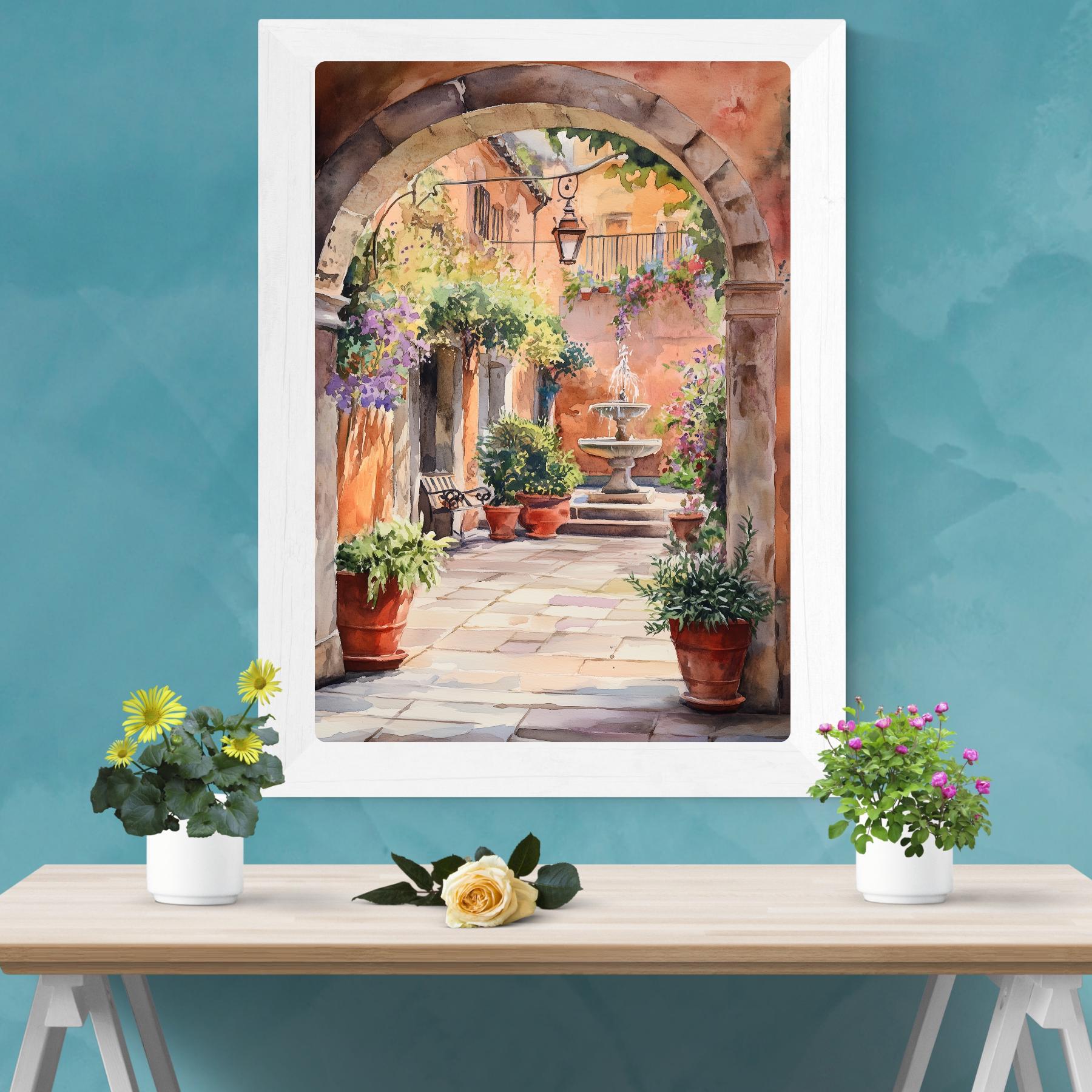 Tuscan Courtyard Art Print: Italian Fountain Garden, Mediterranean ...