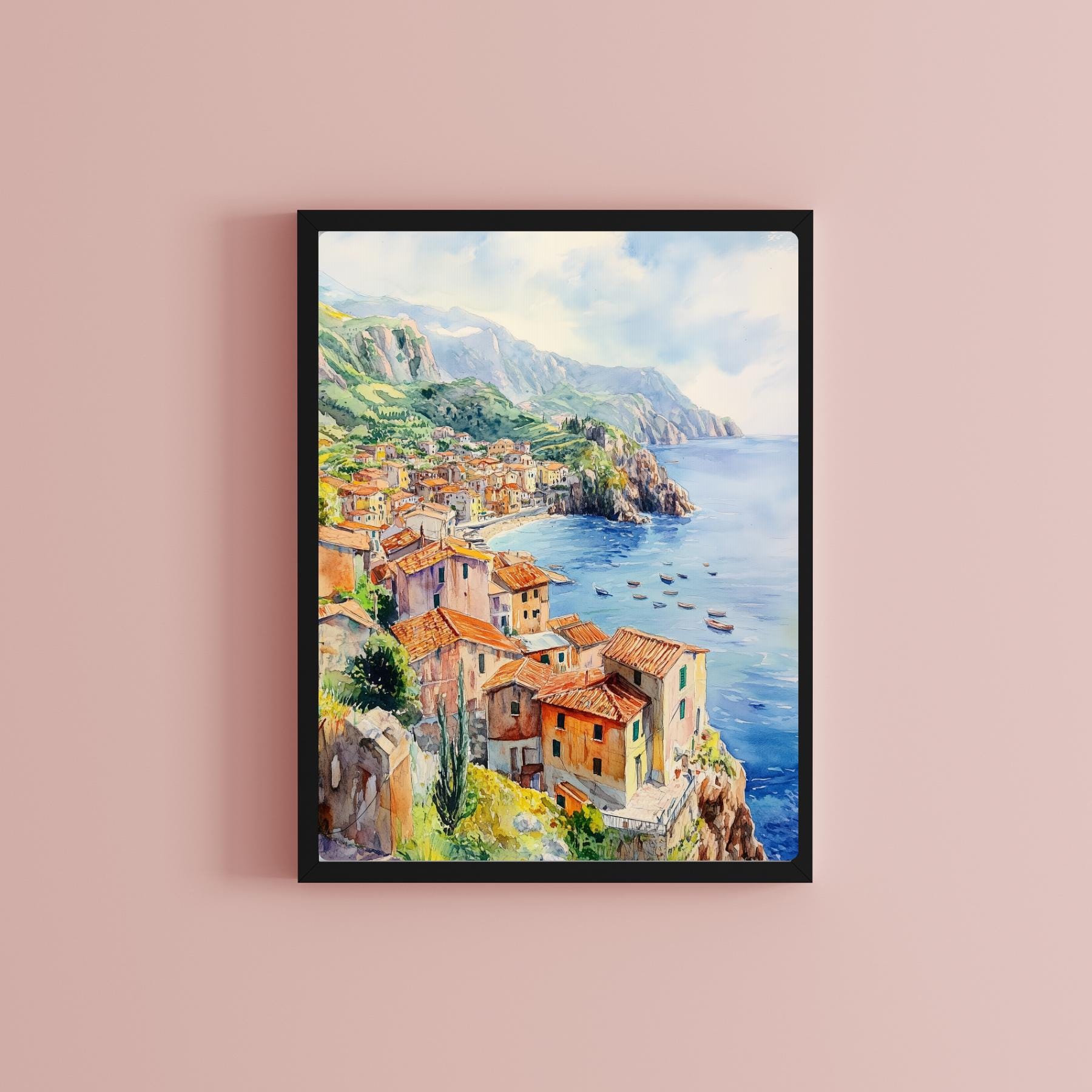 イタリア沿岸の村の水彩画アートプリント：地中海の海景 - Etsy 日本