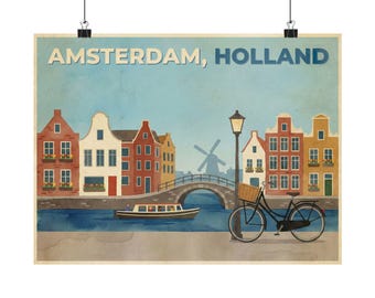 Plakat Amsterdam Holandia: Vintage wydruk z domami nad kanałami, holenderska sztuka podróżowania rowerem