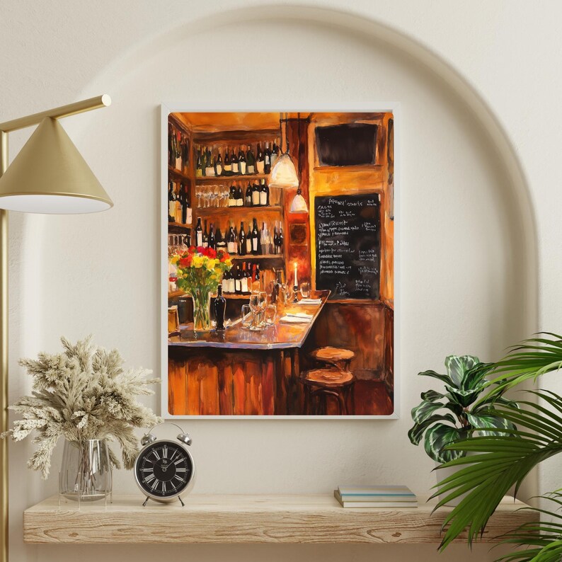 May include: A painting of a cozy bar with a wooden counter, shelves stocked with wine bottles, and a chalkboard menu listing various drinks. The bar is dimly lit with warm lighting, creating a relaxed and inviting atmosphere.