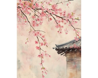Kunstprint Japanse kersenbloesem – Muurdecoratie tempel Kyoto, aquarel roze sakura, Aziatisch lentelandschap, zentuinkunst