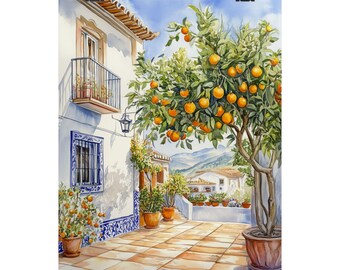 Andalusian Orange Tree Art Print: Mediterranean Courtyard Giclée Wall Decor
