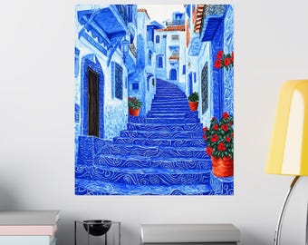 モロッコ ブルーシティ 水彩画ポスター：シェフシャウエンの旅のアート