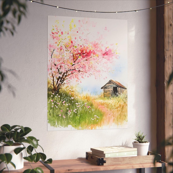 桜の木のアートプリント：素朴な小屋の水彩風景画 - Etsy 日本