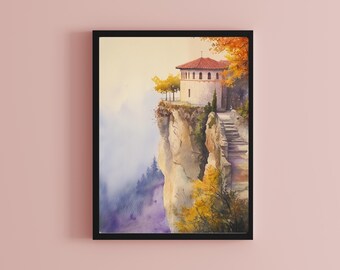 油彩画 メティオラ修道院 山と修道院の風景 インテリア アンティーク