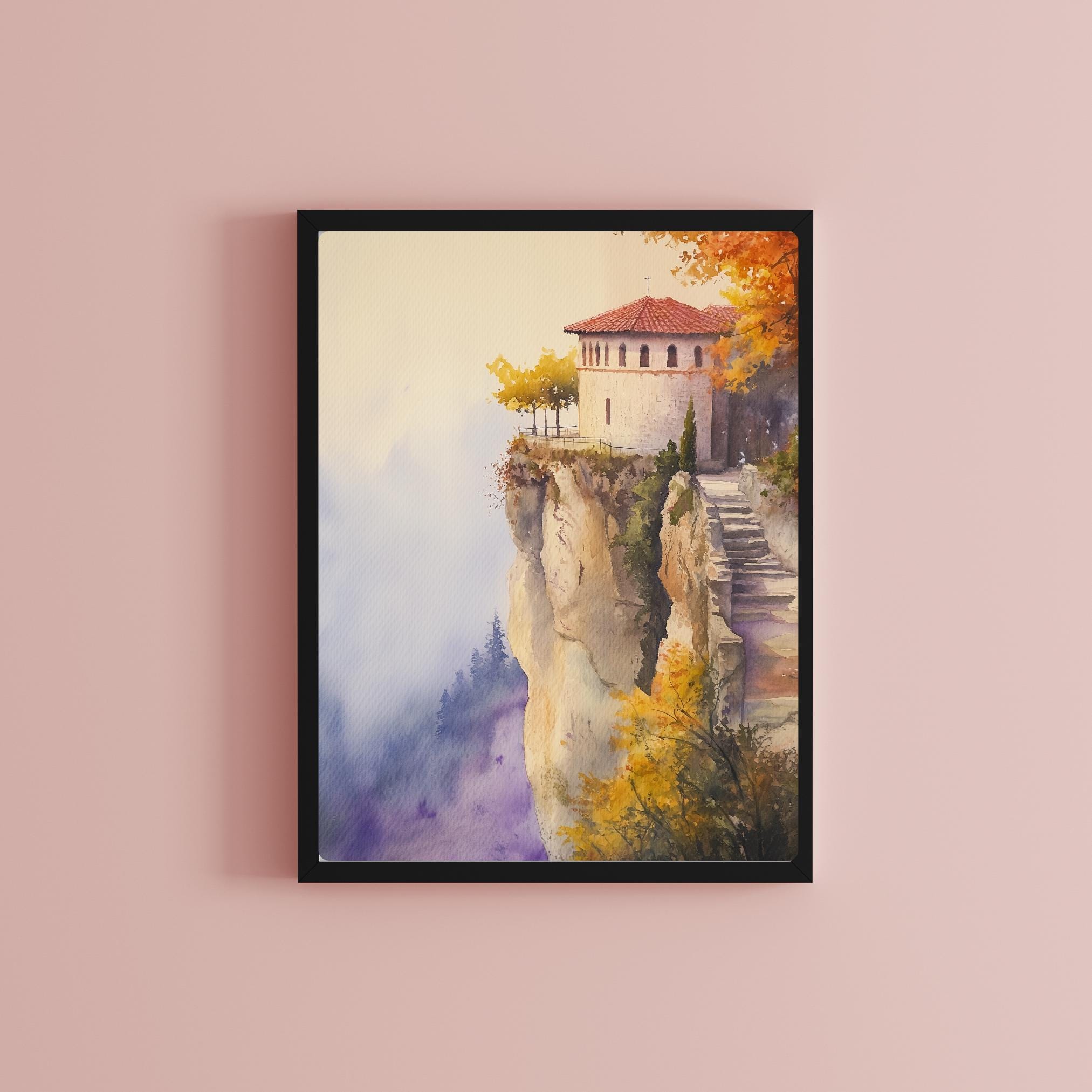 油彩画 メティオラ修道院　山と修道院の風景 インテリア　アンティーク メテオラ修道院の水彩画：崖の上のギリシャの秋の風景 - Etsy 日本