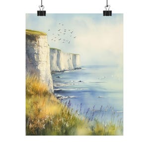 May include: A watercolour painting depicting white cliffs along a blue ocean with a flock of birds flying overhead. The cliffs are tall and dramatic, and the ocean is calm and serene. The painting is executed in a realistic style, with a focus on detail and light.