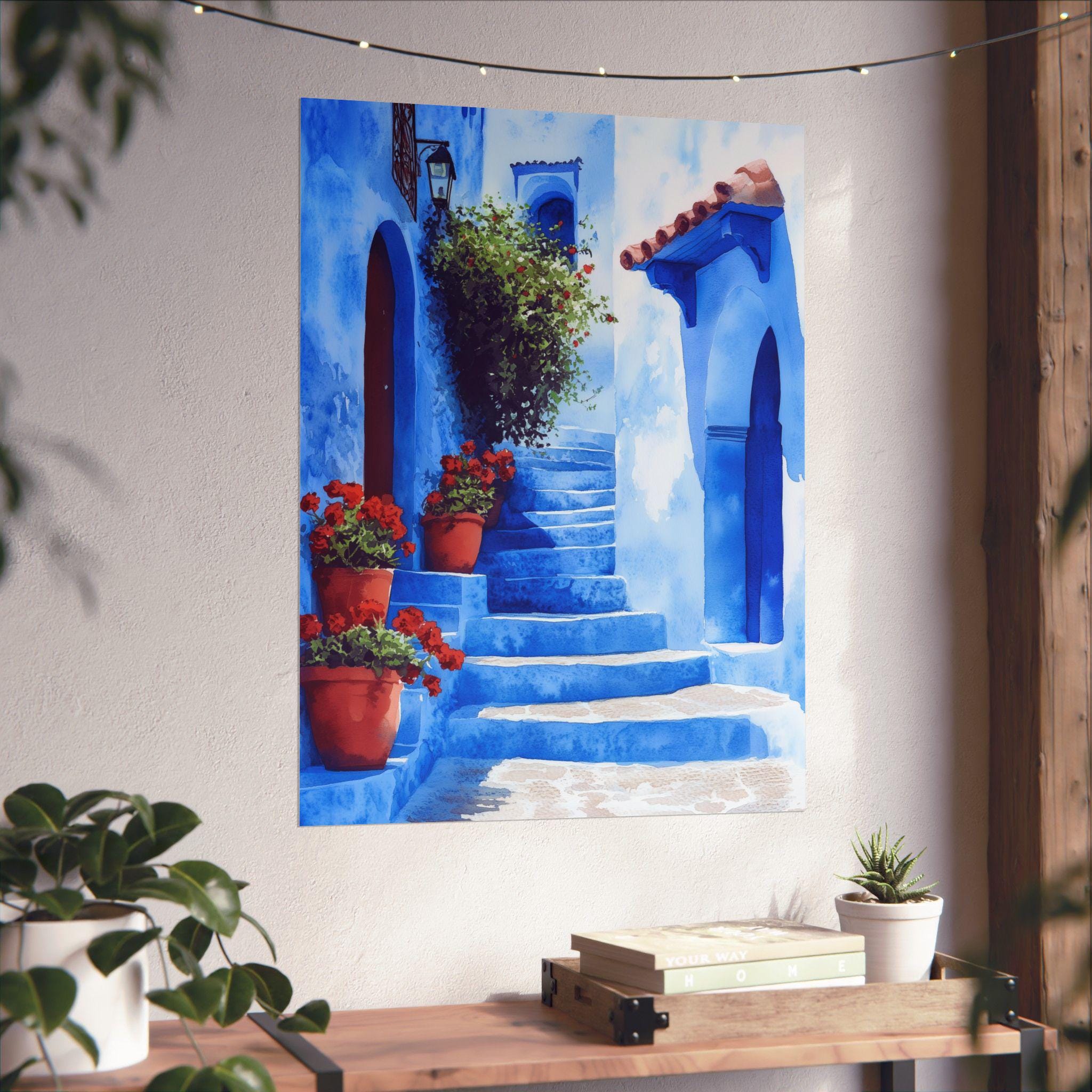 モロッコ、シャウエンのアートプリント：青い街の水彩風景 - Etsy 日本