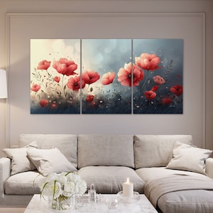 Red poppies Wall Art Painting ready to hang, landscape painting, modern wall art gift, Gift for home decor
