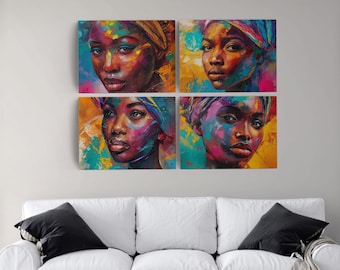 African Women Canvas Wall Art: Colorful Abstract Set of 4