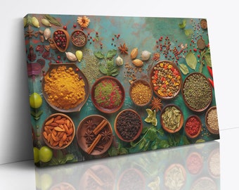 May include: A variety of spices and herbs are arranged in small bowls on a teal background. The bowls contain turmeric, cumin, coriander, peppercorns, cloves, and other spices. The image is a close-up and shows the details of the spices.