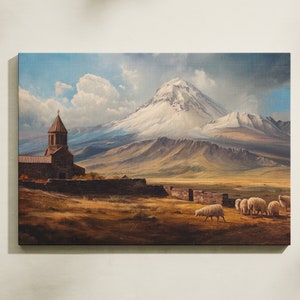 Armenian church and Ararat mountain abstract painting, Ararat mountain Art, Armenian painting ready to hang | Armenian Gift for home decor