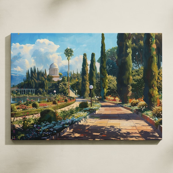 Israel Digital Oil Painting for Sale, The Bahai Gardens Painting, Digital Painting Printed on Canvas Ready to Hang