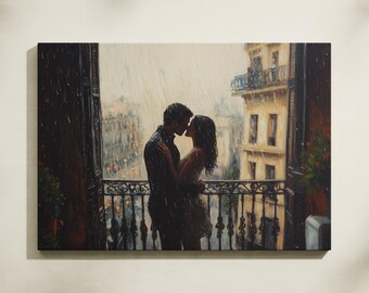 Romantic Couple Canvas Print: Lovers Kissing in Rain, Framed Wall Art