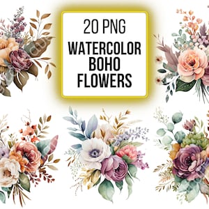 Watercolor Clipart Boho Flowers Clip Art Bundle for Wedding Invitation Floral Bouquet Clipart for Scrapbooking Boho Clipart Set PNG Bundle