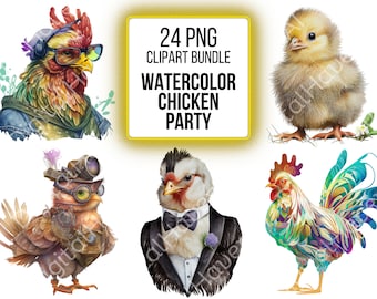 Watercolor Clipart Chicken PNG Bundle Clip Art Farm Chicken Graphics for Scrapbooking Funny Chicken Commercial Use Instant Download