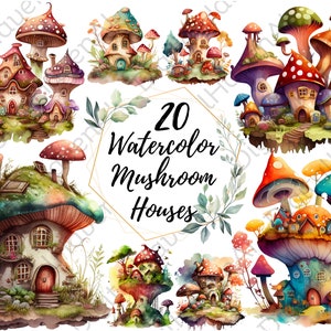Mushroom Clipart - Mushroom Houses - Watercolor Mushroom - Fantasy Mushroom - 20 PNG Bundle for Commercial Use Instant Download
