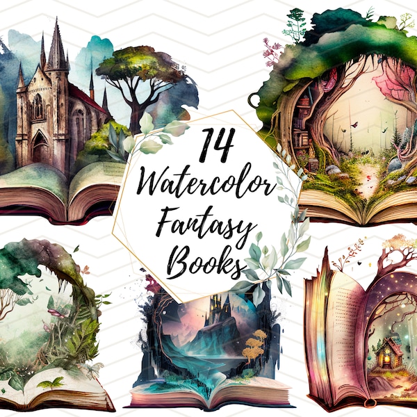 Books Clipart - Watercolor Fantasy Book Clip Art - Old Books - Magic Books - 14 PNG Bundle for Commercial Use Instant Download