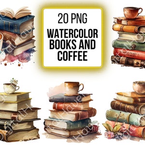 Acquerello Clipart Libro PNG Caffè Clip Art Vintage Libri Clipart per amante dei libri PNG Bundle Lettura Libreria Uso commerciale Download immediato