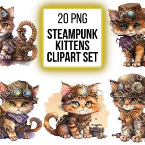 Clipart Cats Steampunk PNG Kittens Watercolor Cute Animals Cat Steam Punk Clipart PNG Bundle for Scrapbook Commercial Use Instant Download