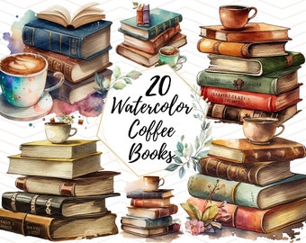 Coffee Books Clipart - Watercolor Clip Art - Vintage Books Clipart - Coffee Clipart - 20 PNG Bundle for Commercial Use Instant Download