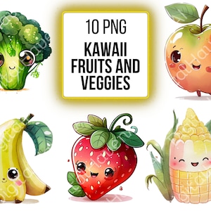 Clipart Kawaii PNG Bundle Fruit Veggie Aquarelle Scrapbook Clip Art Graphic Fruits Clipart PNG Bundle Téléchargement instantané pour un usage commercial