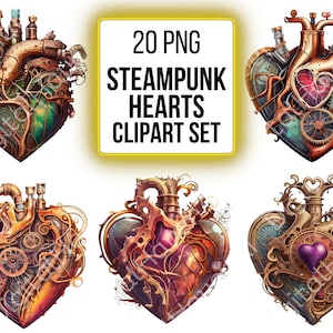 Clipart Steampunk Heart PNG Watercolor Clip Art Heart Graphic for Scrapbook Steam Punk Vintage PNG Bundle Commercial Use Instant Download