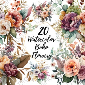 Boho Flowers Clipart Set - Watercolor Clipart - Flower Bouquet Florals - Wedding Flowers - 20 PNG Bundle for Commercial Use Instant Download