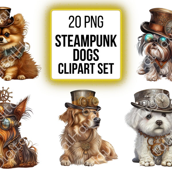 Clipart Steampunk Dogs PNG for Scrapbooking Cute Animal Watercolor Clip Art Puppy Graphic PNG Bundle for Commercial Use Instant Download