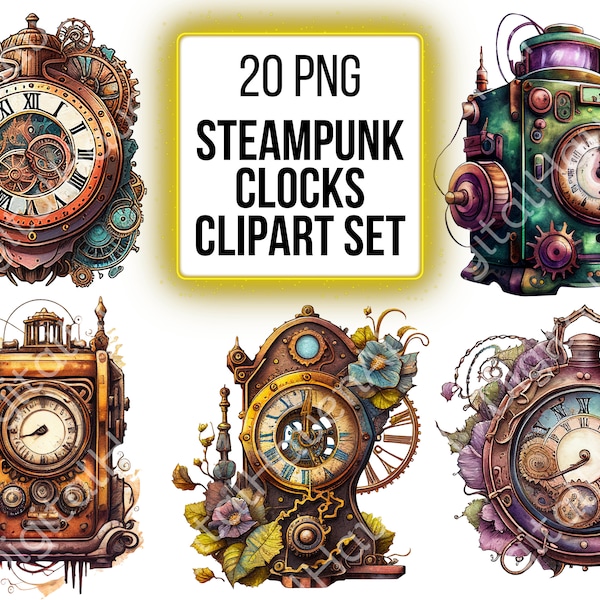 Clipart Steampunk horloges PNG aquarelle Clip Art Steam Punk graphique Digital Steampunk Clipart PNG Bundle pour usage Commercial téléchargement immédiat