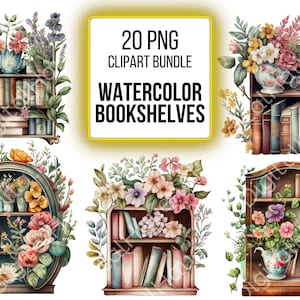 Clipart Bookshelves PNG Bundle Books Watercolor Clip Art PNG Bookshelf Floral Book Store Graphic Bundle for Commercial Use Instant Download