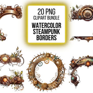 Steampunk Clipart Border Invitation Steam Punk Border Clip Art Scrapbook Watercolor Clipart PNG Bundle for Commercial Use Instant Download
