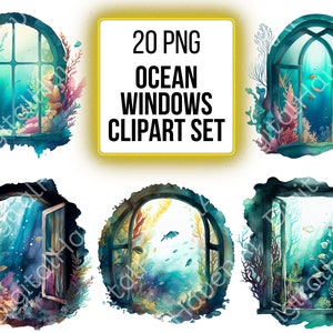 Ventana de imágenes prediseñadas PNG Diseño submarino Océano Acuarela Clip Art Gráficos marinos para Scrapbook PNG Paquete para uso comercial Descarga instantánea