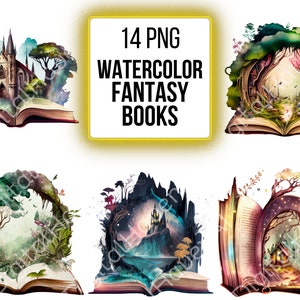Clipart Books PNG for Scrapbooking Watercolor Fantasy Book Clip Art Old Books Vintage Magic Books PNG Bundle Commercial Use Instant Download