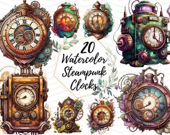 Steampunk Clocks Clipart - Watercolor Clipart - Steam Punk - Steampunk Clipart - 20 PNG Bundle for Commercial Use Instant Download