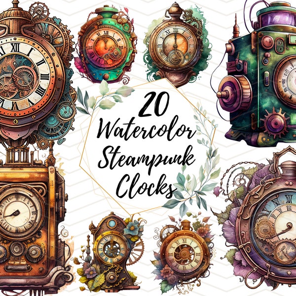 Steampunk Clocks Clipart - Watercolor Clipart - Steam Punk - Steampunk Clipart - 20 PNG Bundle for Commercial Use Instant Download