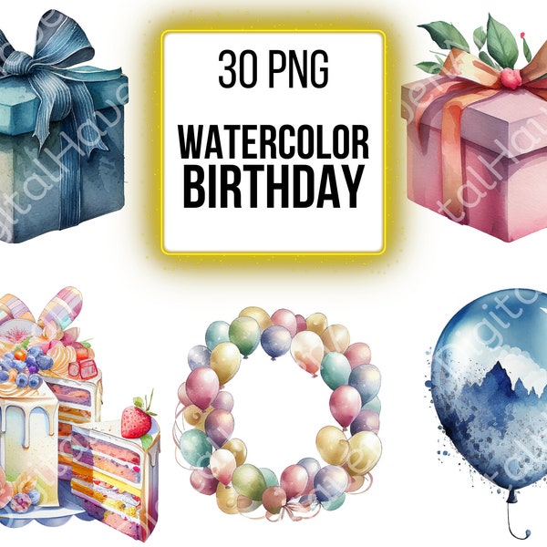 Watercolor Clipart Birthday Party Clip Art Bundle Cake PNG Clipart for Birthday Invitation Balloon Clipart Present PNG Bundle Commercial Use