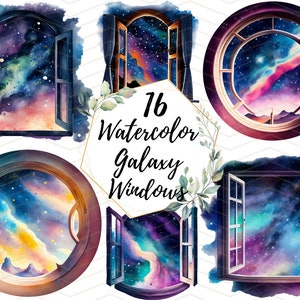 Watercolor Galaxy Windows Clipart - Space Window Clip Art - 16 PNG Bundle for Commercial Use Instant Download - Clipart Bundle - Window Art