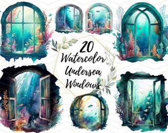 Underwater Window Clipart - Watercolor Clipart - Ocean Clipart - Sea Clipart - 20 PNG Bundle for Commercial Use Instant Download